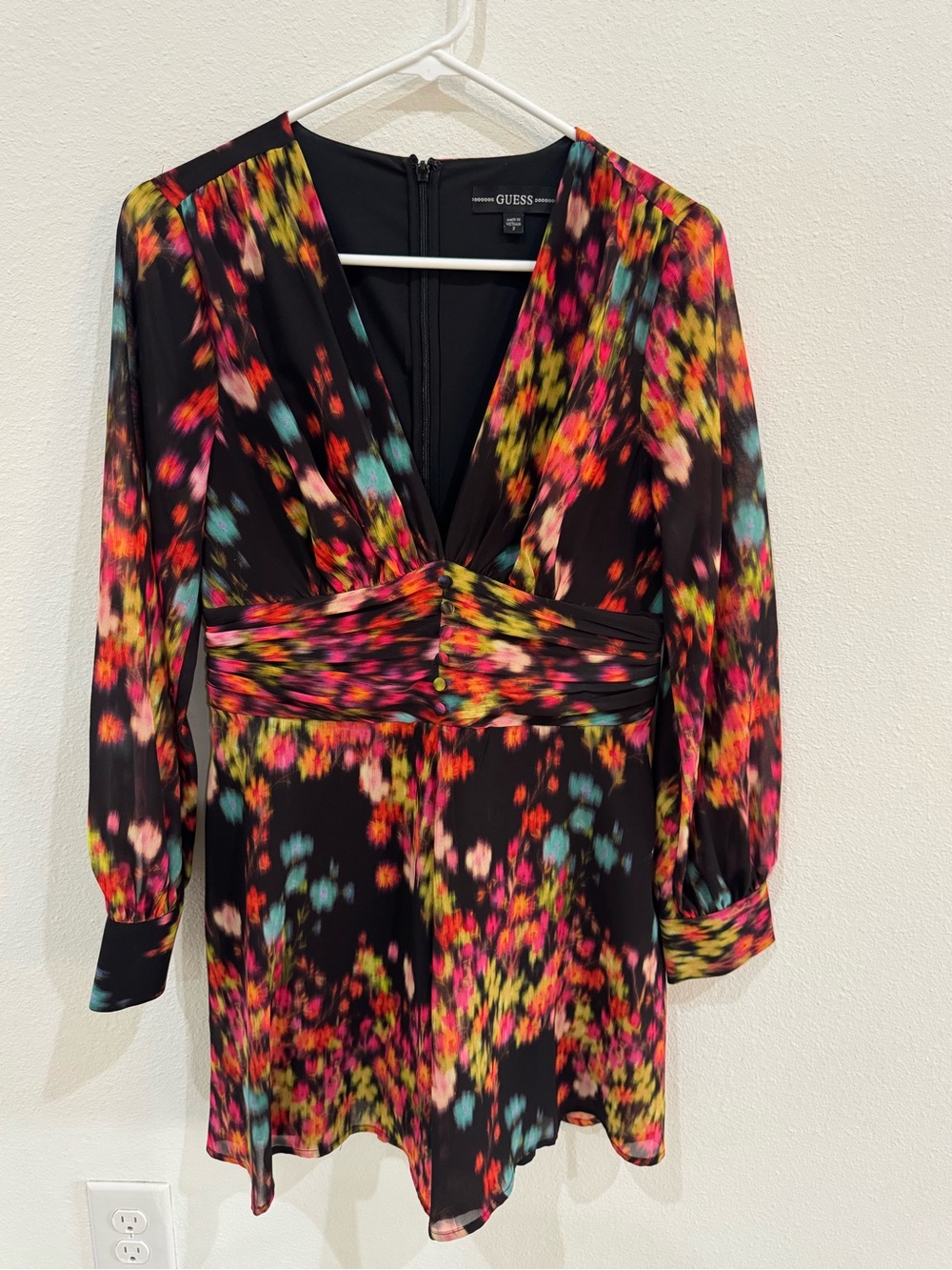 GUESS Long Sleeve Floral Romper Jumpsuit Deep V-Neck Ruched Waist